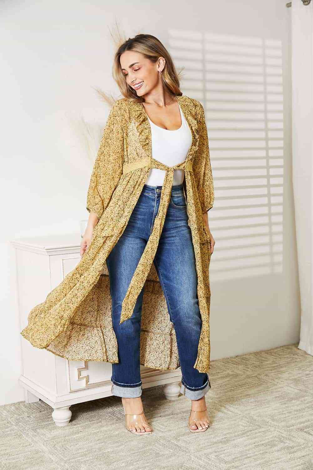 Full Size Tie Front Ruffled Duster Cardigan - Body By J'ne