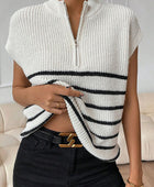 Striped Mock Neck Half Zip Sweater Vest - Body By J'ne