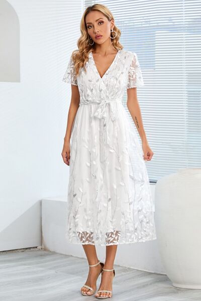 Sequin Leaf Embroidery Tie Front Short Sleeve Dress - Body By J'ne