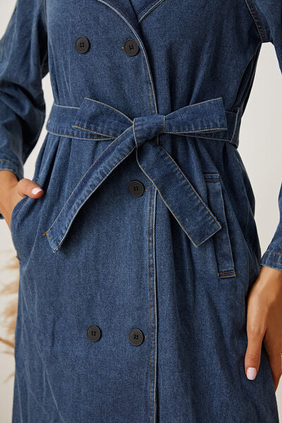 Double-Breasted Belted Longline Denim Jacket - Body By J'ne