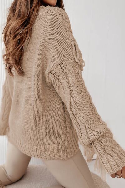 Cable-Knit Fringe Round Neck Sweater - Body By J'ne