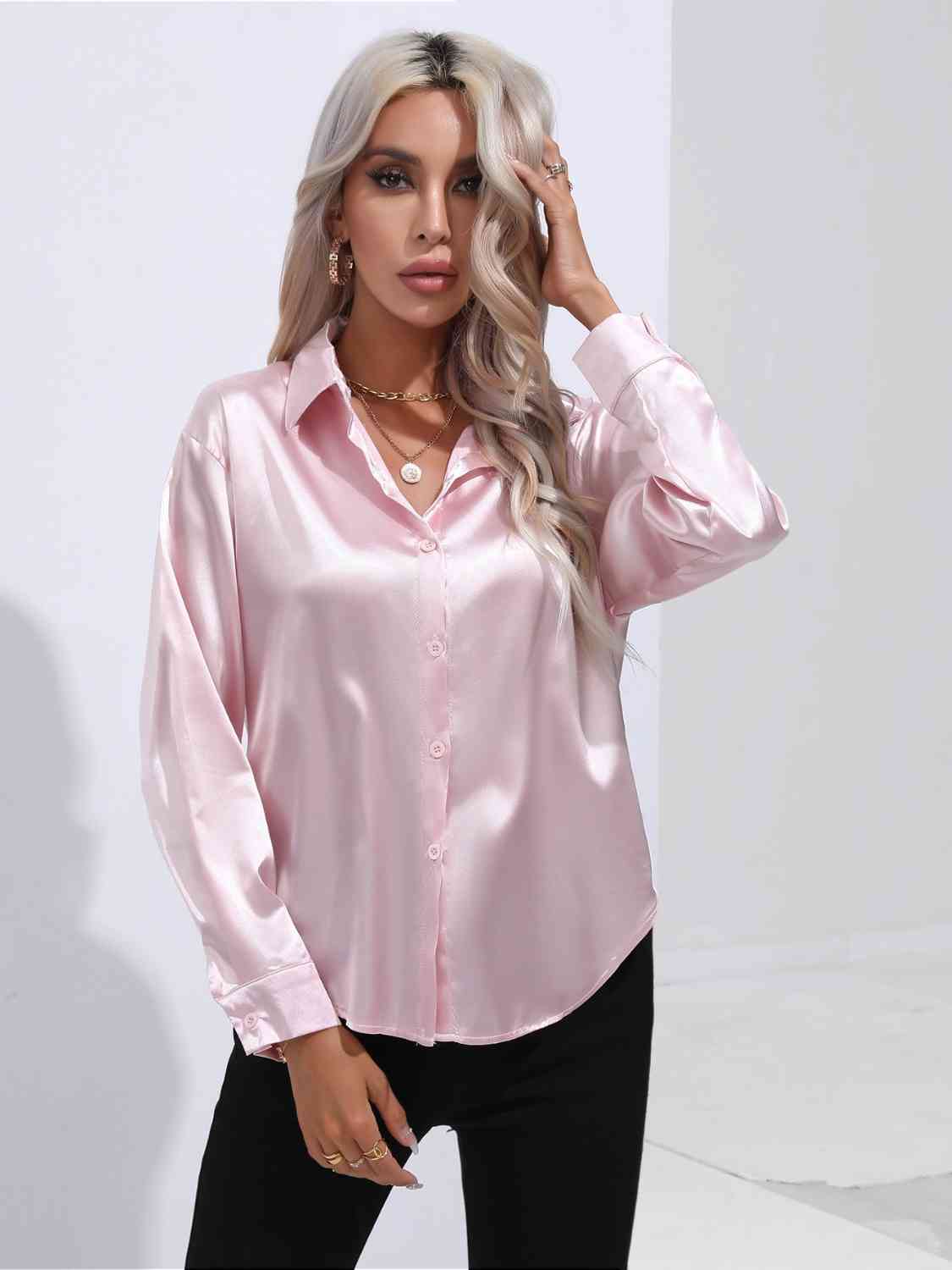 Collared Neck Buttoned Long Sleeve Shirt - Body By J'ne