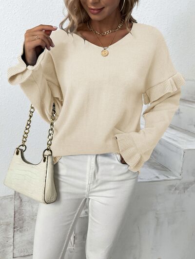 Ruffled V-Neck Dropped Shoulder Sweater - Body By J'ne