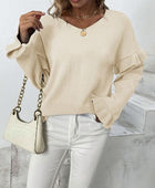 Ruffled V-Neck Dropped Shoulder Sweater - Body By J'ne