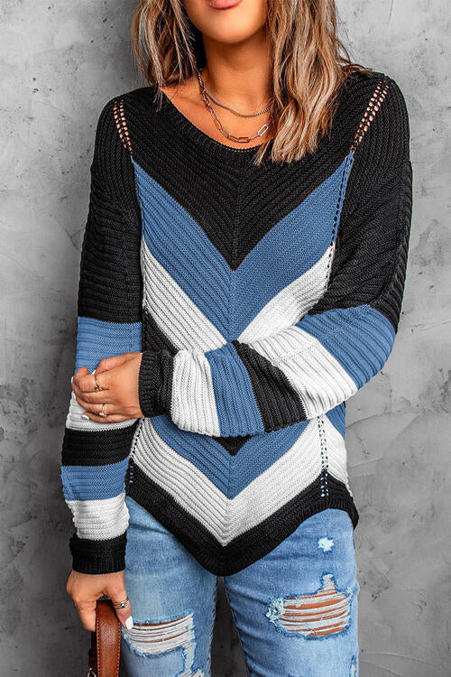 Eyelet Color Block Long Sleeve Sweater - Body By J'ne