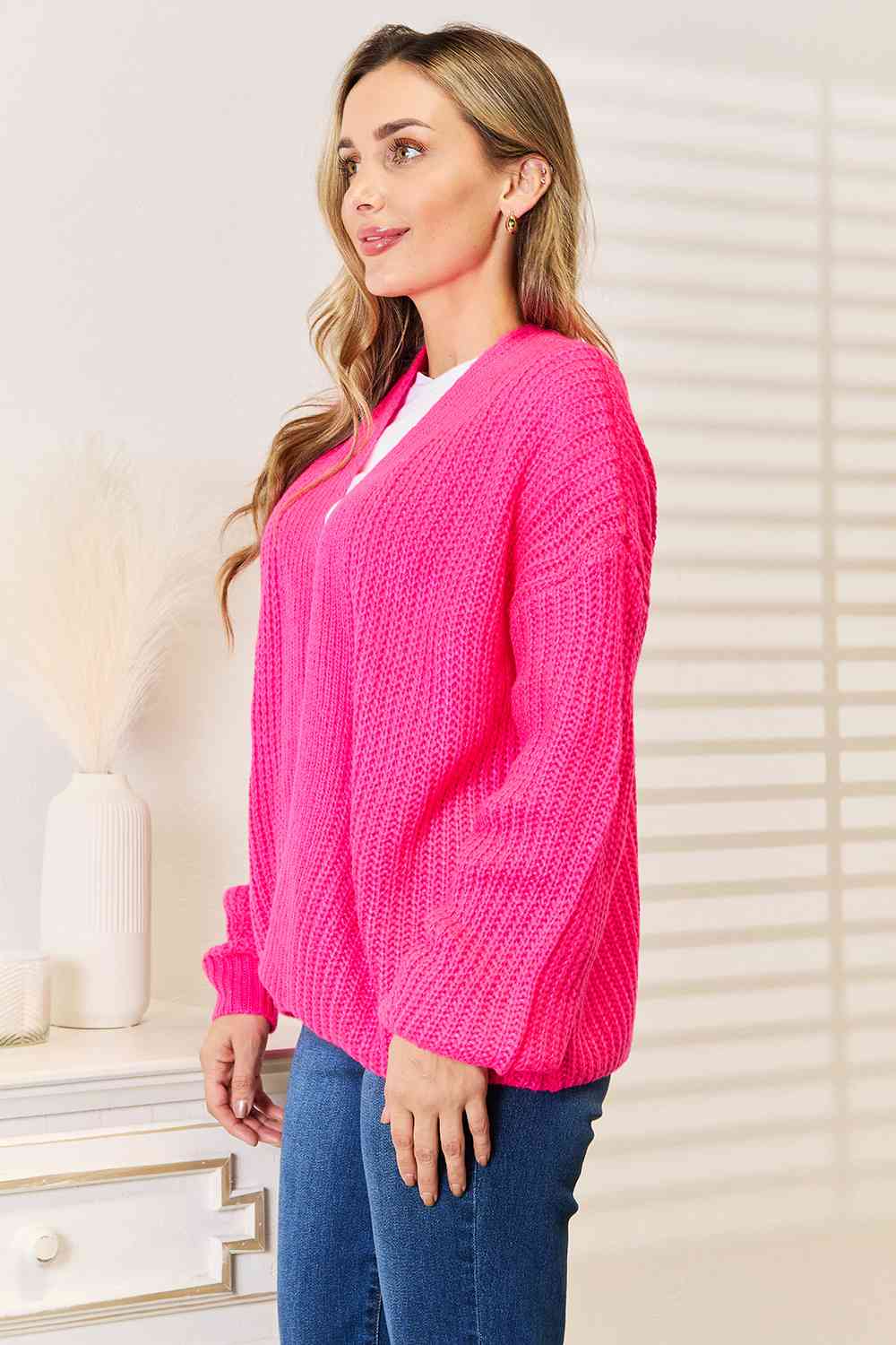 Rib-Knit Open Front Drop Shoulder Cardigan - Body By J'ne