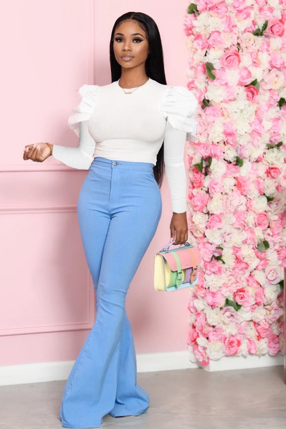 Leg-Of-Mutton Sleeve Top and Flare Pants Set - Body By J'ne