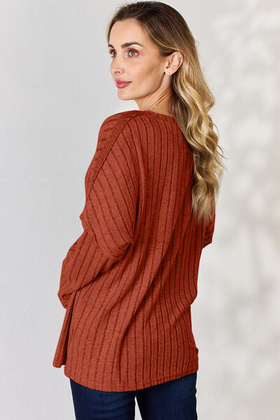 Full Size Ribbed Half Button Long Sleeve T-Shirt - Body By J'ne