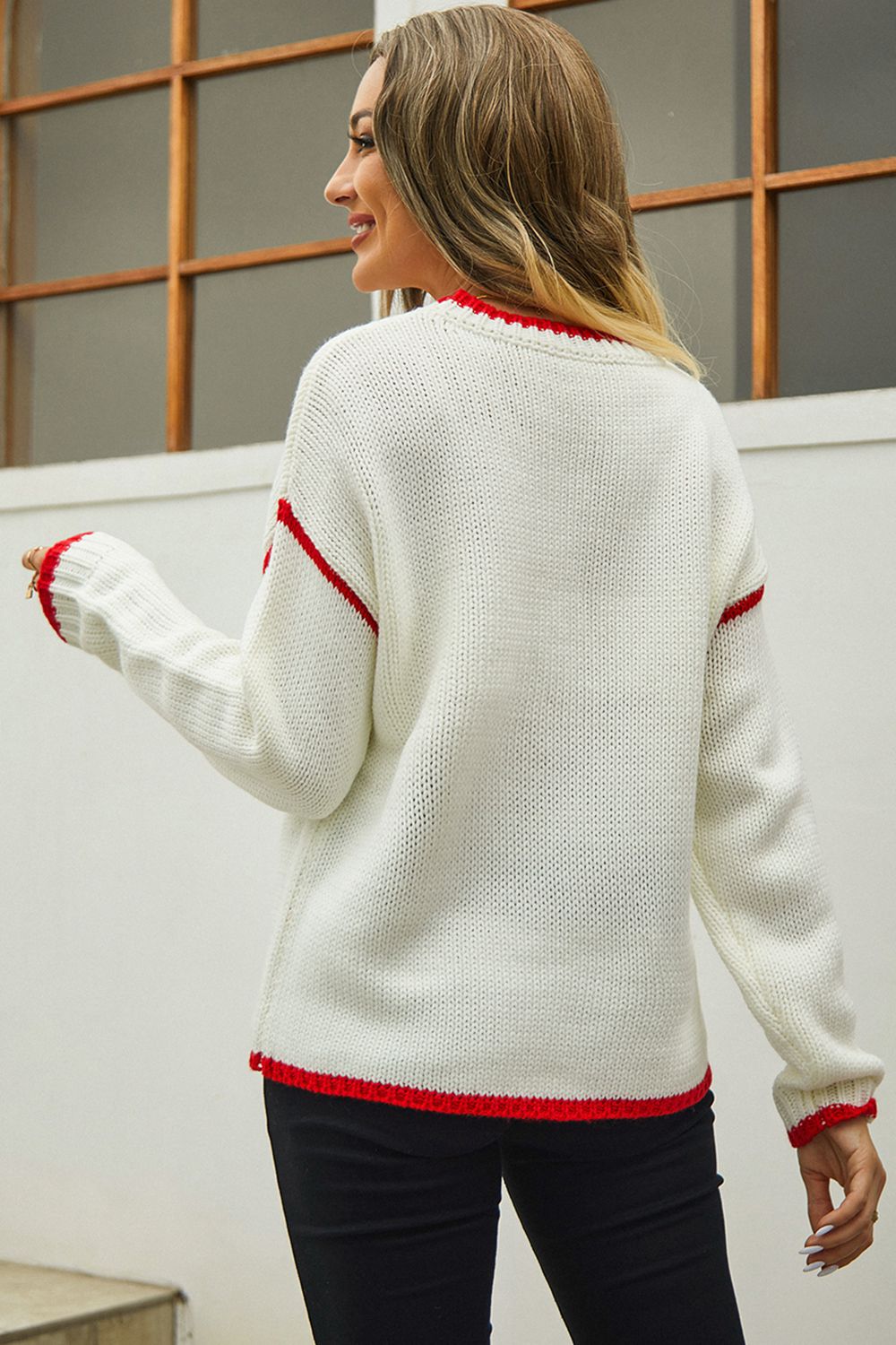 Round Neck Long Sleeve Waffle-Knit Sweater - Body By J'ne