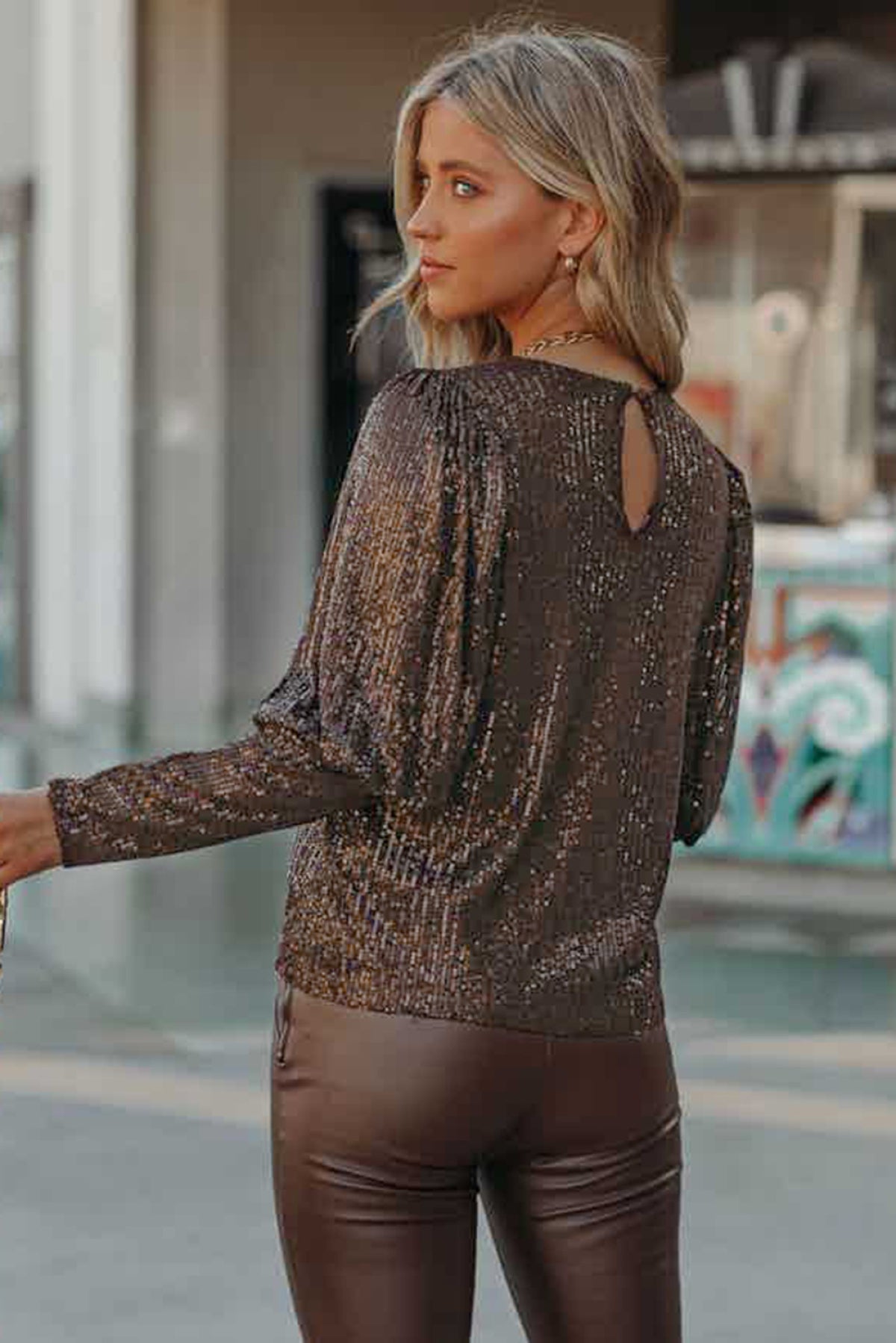 Brown Cuffed Sequin Top - Body By J'ne