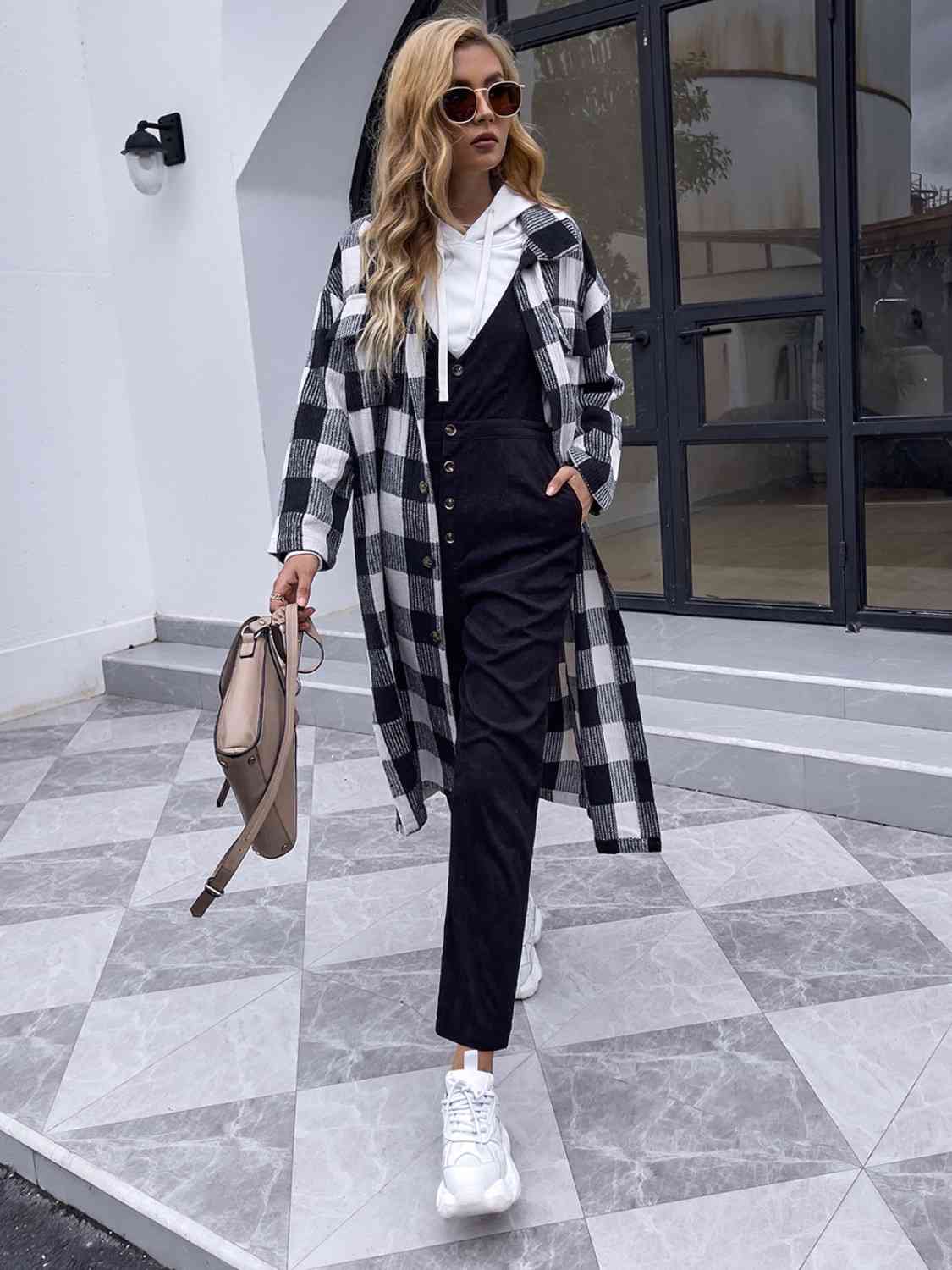 Plaid Collared Neck Slit Longline Coat - Body By J'ne