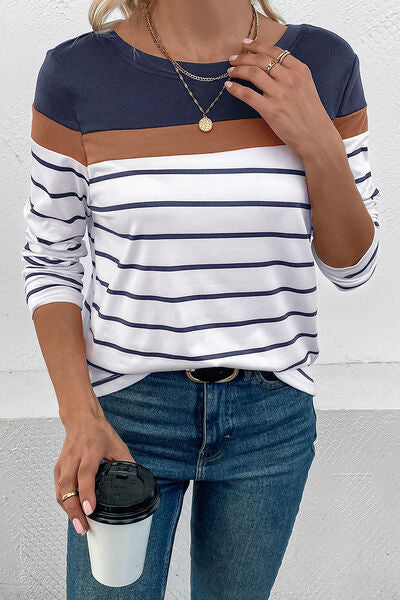 Striped Round Neck Long Sleeve T-Shirt - Body By J'ne