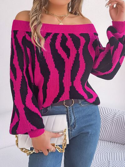 Off-Shoulder Animal Print Long Sleeve Sweater - Body By J'ne