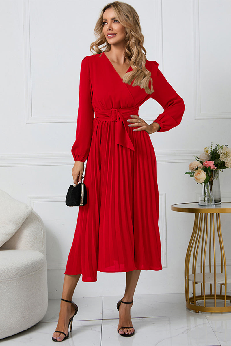 V-Neck Long Sleeve Tie Waist Midi Dress - Body By J'ne