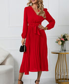 V-Neck Long Sleeve Tie Waist Midi Dress - Body By J'ne