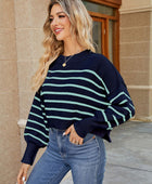 Round Neck Striped Lantern Sleeve Sweater - Body By J'ne