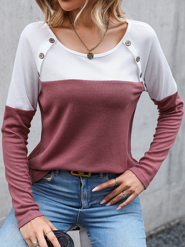 Two-Tone Buttoned Waffle-Knit Top - Body By J'ne