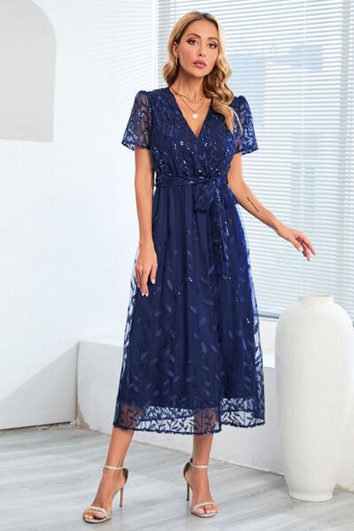 Sequin Leaf Embroidery Tie Front Short Sleeve Dress - Body By J'ne