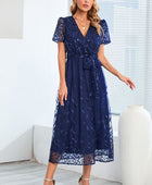 Sequin Leaf Embroidery Tie Front Short Sleeve Dress - Body By J'ne