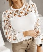 Hollowed Floral Lace Spliced Long Sleeve Blouse - Body By J'ne