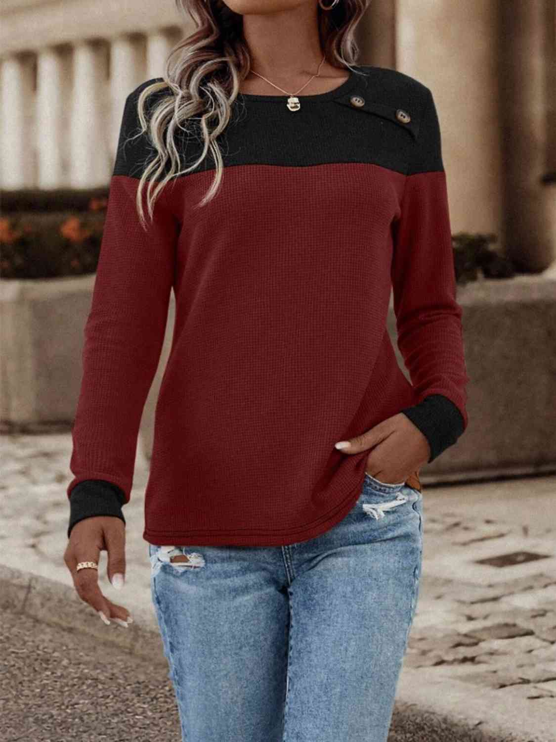 Contrast Buttoned Round Neck Long Sleeve T-Shirt - Body By J'ne