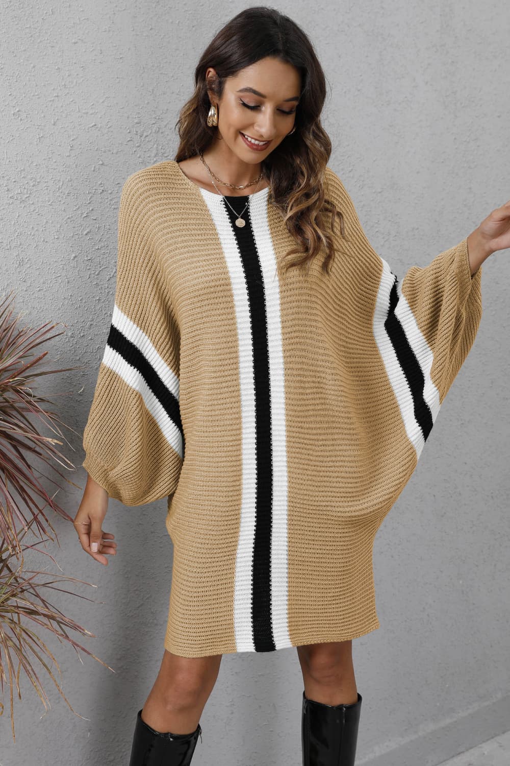 Ribbed Round Neck Long Sleeve Sweater Dress - Body By J'ne