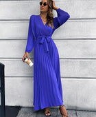 V-Neck Tie Waist Pleated Maxi Dress - Body By J'ne