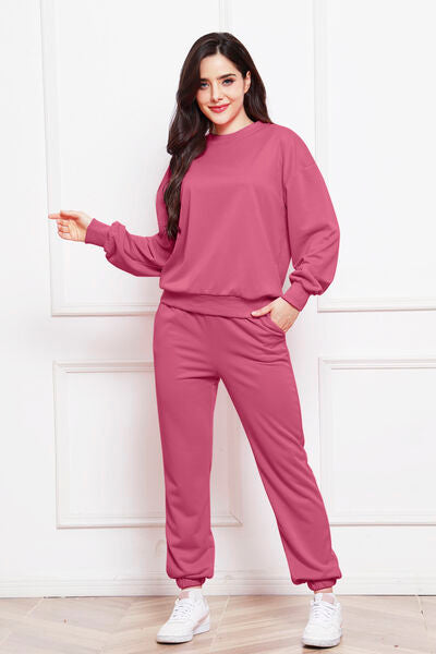 Round Neck Long Sleeve Sweatshirt and Pants Set - Body By J'ne