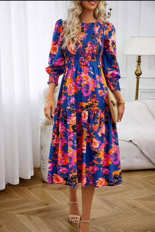 Printed Smocked Lantern Sleeve Ruffled Dress - Body By J'ne