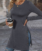 Decorative Button Slit Long Sleeve T-Shirt - Body By J'ne