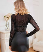 Rhinestone Mesh See-Through Long Sleeve Bodysuit - Body By J'ne