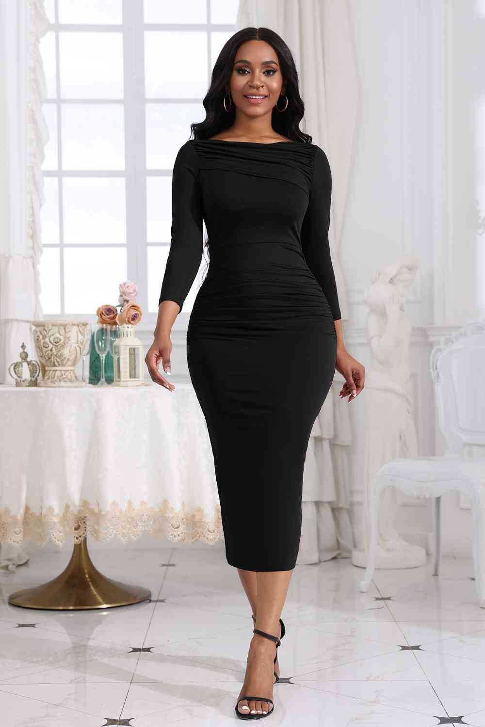 Ruched Boat Neck Midi Dress - Body By J'ne