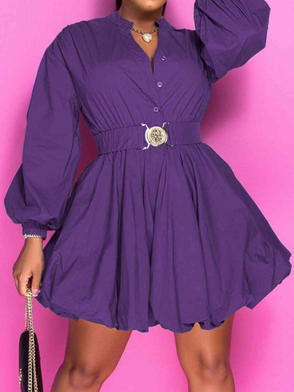 Notched Button Up Balloon Sleeves Dress - Body By J'ne