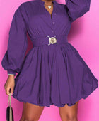 Notched Button Up Balloon Sleeves Dress - Body By J'ne