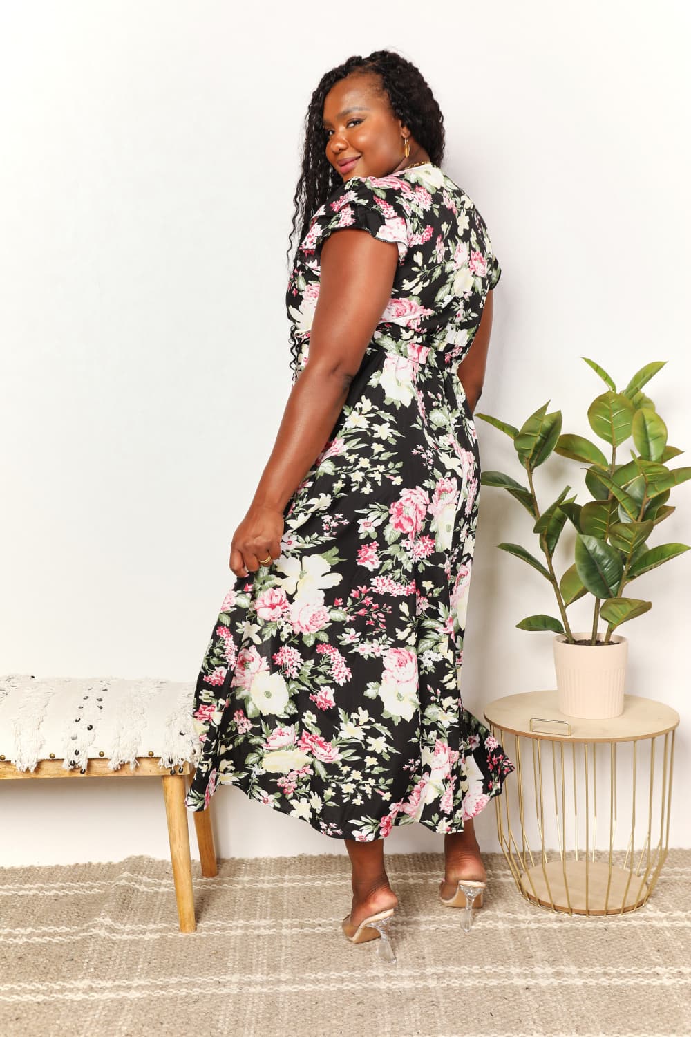 Double Take Floral Flutter Sleeve Tie-Waist Split Dress - Body By J'ne