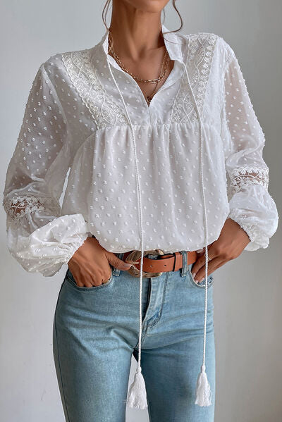 Swiss Dot Lace Detail Tie Neck Shirt - Body By J'ne