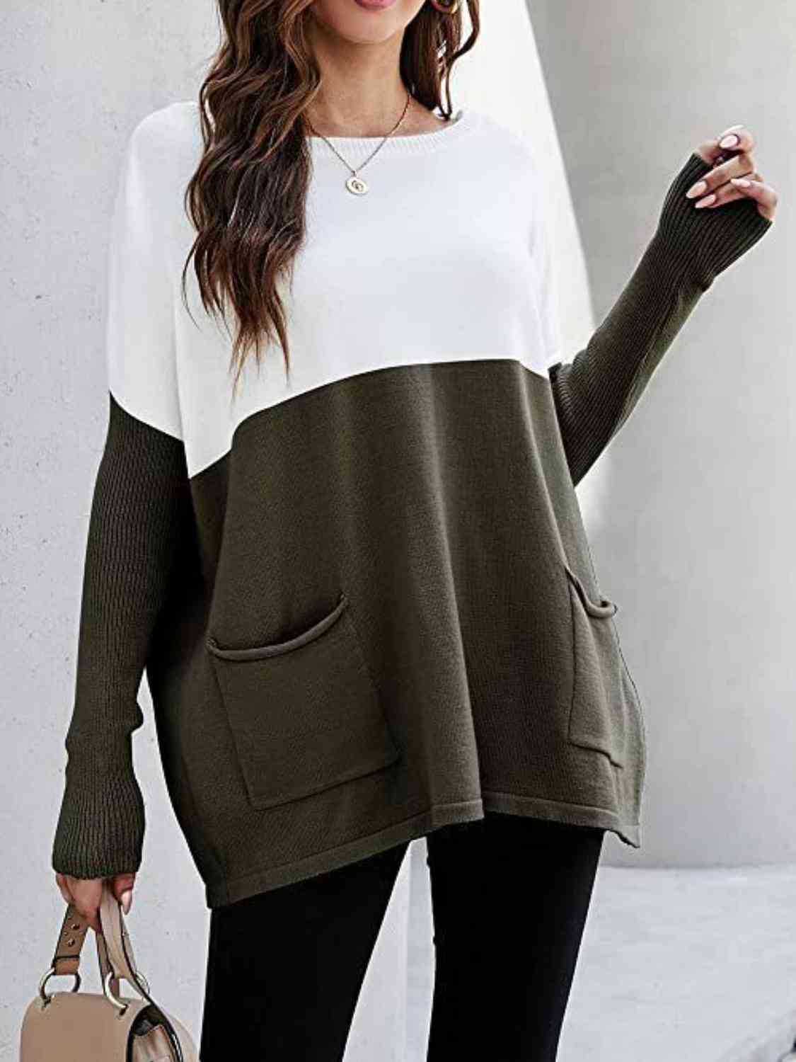 Two Tone Pullover Sweater with Pockets - Body By J'ne