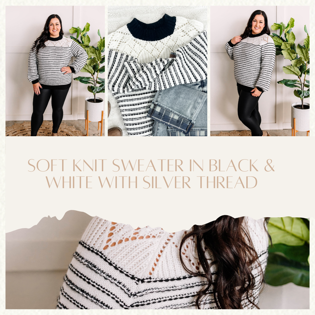 Soft Knit Sweater In Black & White With Silver Thread - Body By J'ne