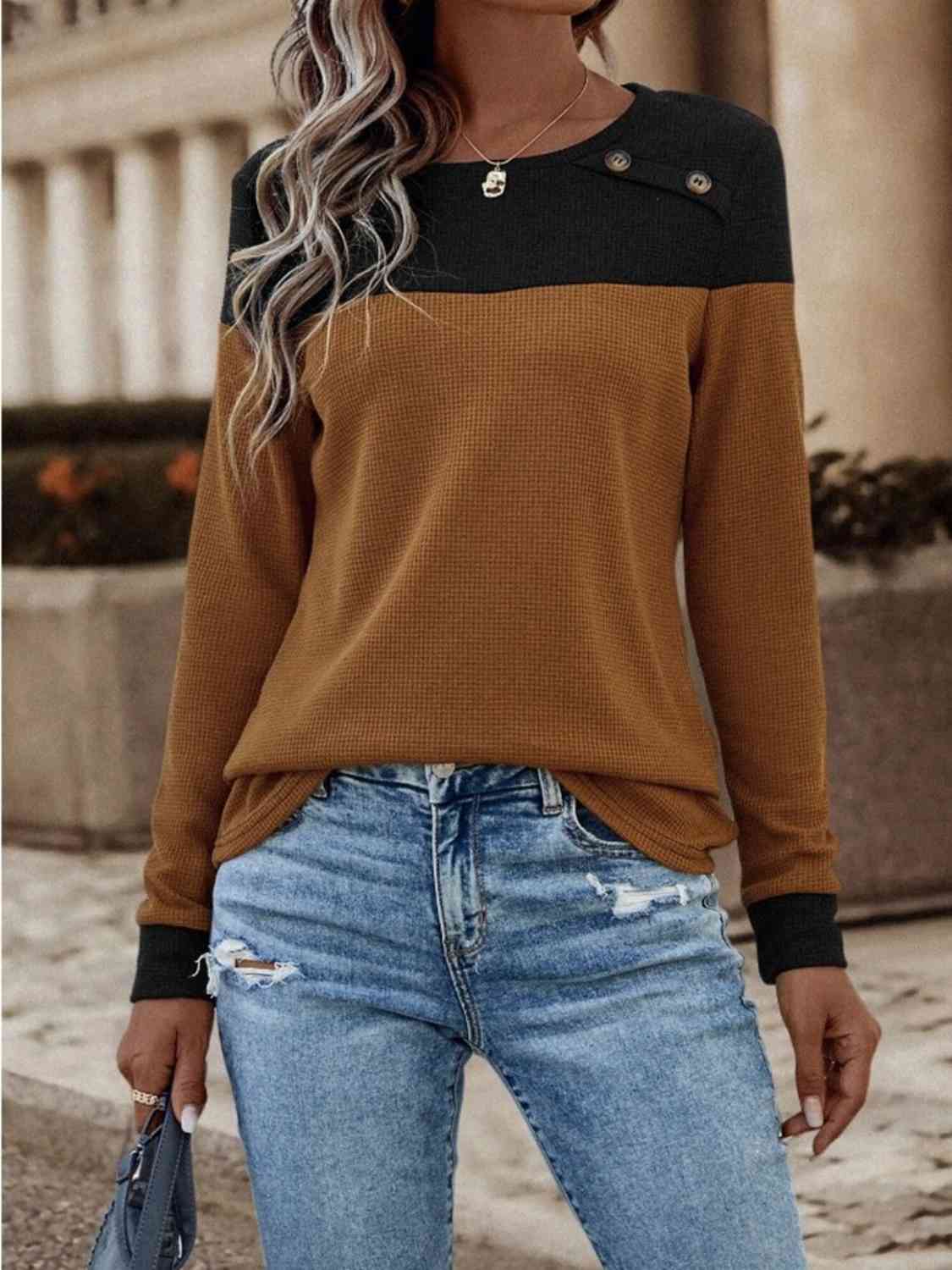 Contrast Buttoned Round Neck Long Sleeve T-Shirt - Body By J'ne