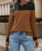Contrast Buttoned Round Neck Long Sleeve T-Shirt - Body By J'ne