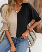 Contrast V-Neck Lantern Sleeve Blouse - Body By J'ne