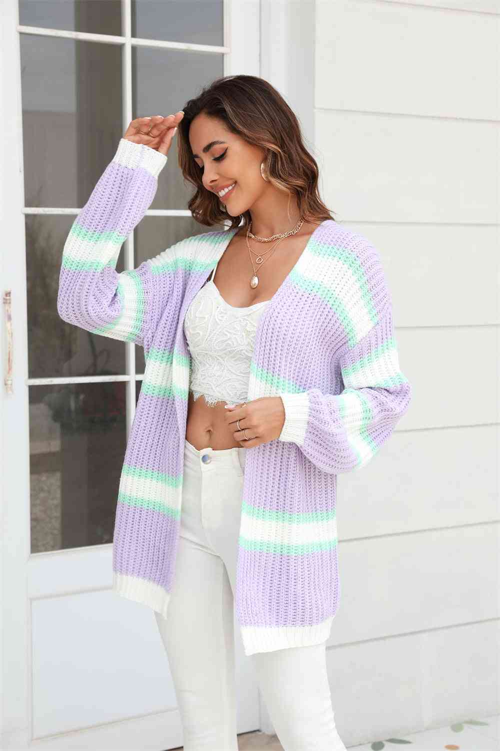 Color Block Ribbed Dropped Shoulder Open Front Cardigan - Body By J'ne