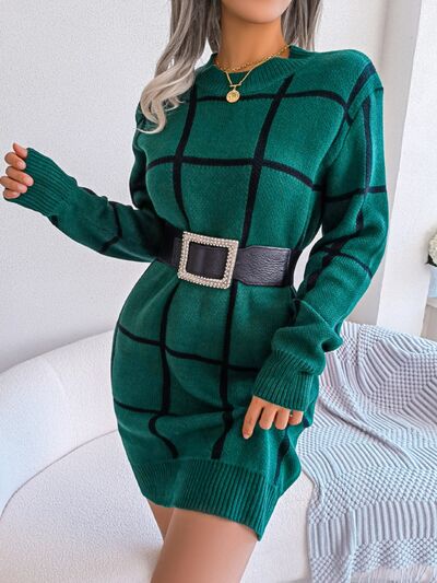 Plaid Round Neck Dropped Shoulder Sweater Dress - Body By J'ne