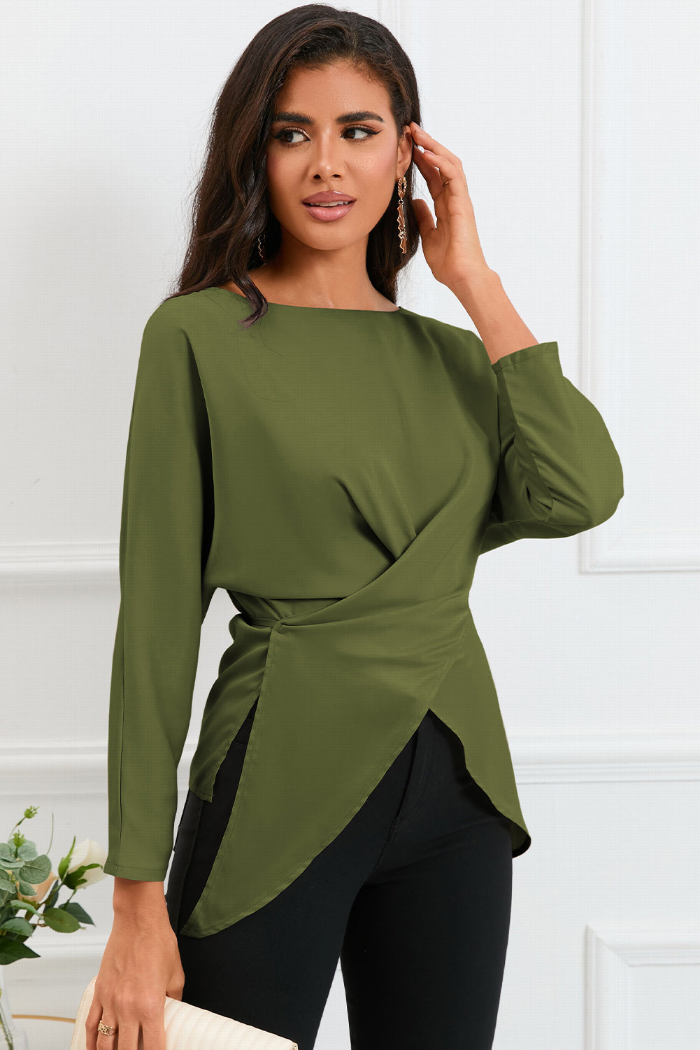 Boat Neck Back Tie Long Sleeve Satin Blouse - Body By J'ne