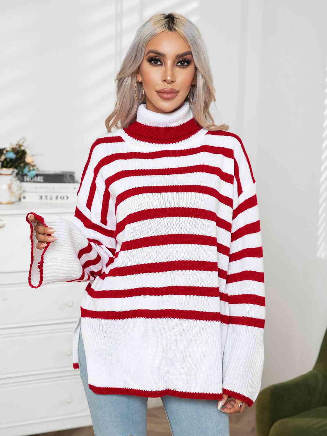 Striped Slit Turtleneck Drop Shoulder Sweater - Body By J'ne