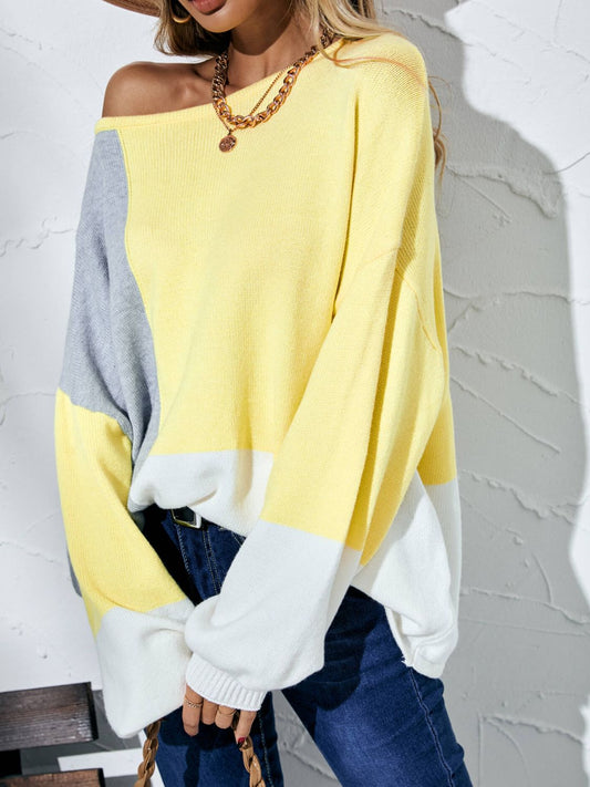 Color Block Balloon Sleeve Boat Neck Sweater - Body By J'ne