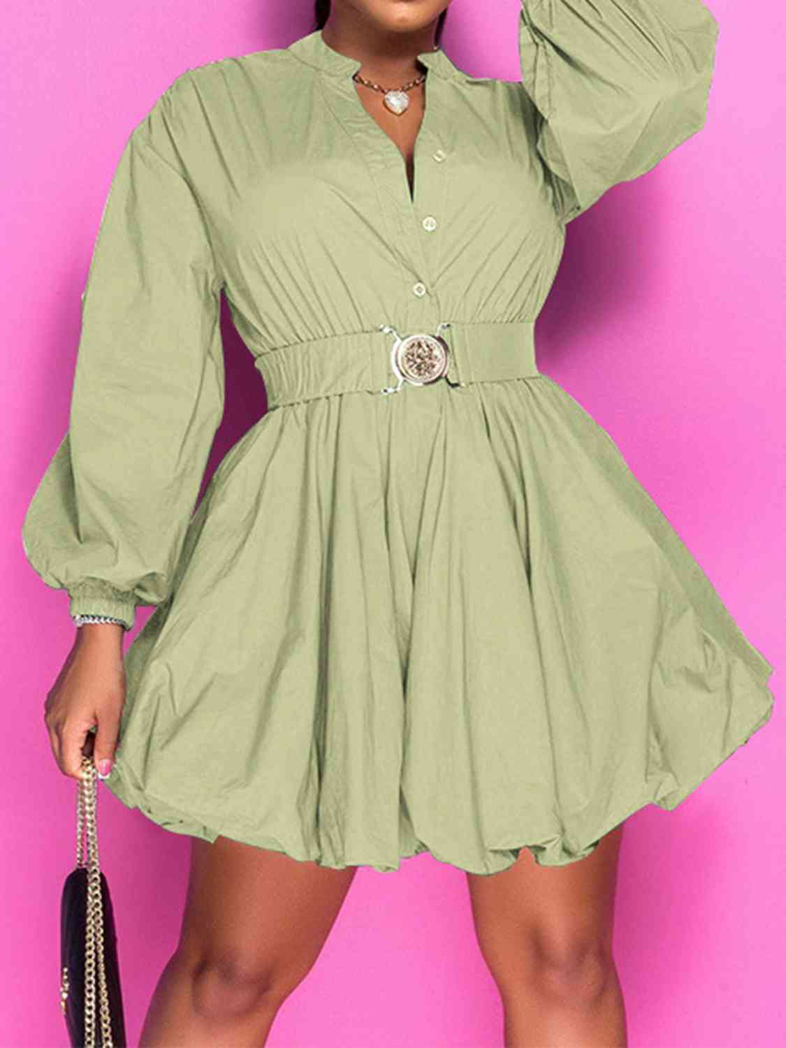 Notched Button Up Balloon Sleeves Dress - Body By J'ne