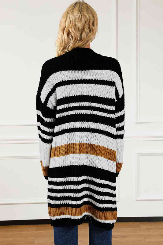 Striped Open Front Cardigan with Pockets - Body By J'ne