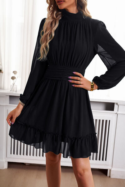 Frill Ruched Mock Neck Balloon Sleeve Dress - Body By J'ne