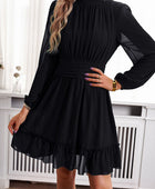 Frill Ruched Mock Neck Balloon Sleeve Dress - Body By J'ne